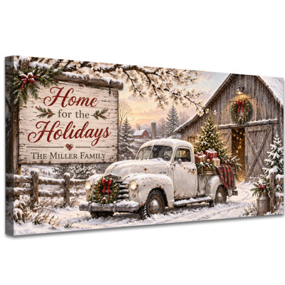 Extra Large Vintage Christmas Truck Canvas Wall Art, White Pickup and Home for the Holidays Text by a Barn for Living Room, Rustic Farmhouse Decor, Ready to Hang, 24 x 48 Inch