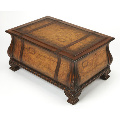 Bettye 38 In. W Bombe 1 Drawer Old World Map Trunk Table, Light Brown