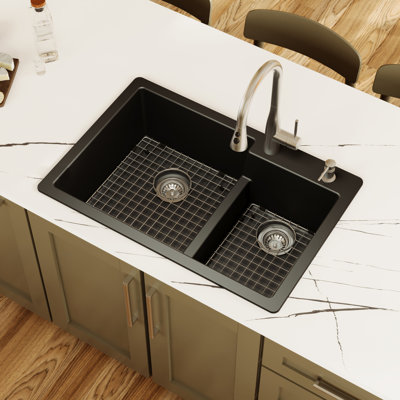Karran Quartz 33'' X 22'' Double Bowl 60/40 Top Mount Drop-in Kitchen Sink Kit