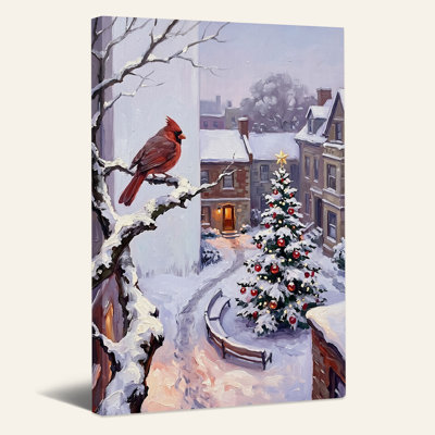Red Cardinal on Snowy Branch Near Lit Tree Christmas Canvas Wall Art
