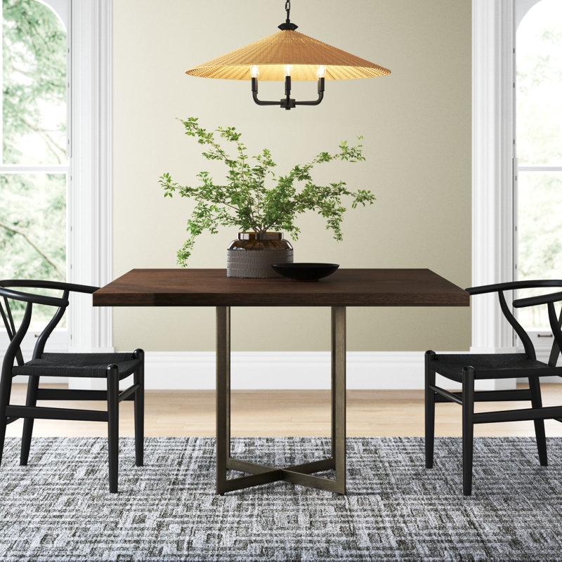 Tulane Solid Wood Top Metal Base Dining Table, Dark Brown, Nickel