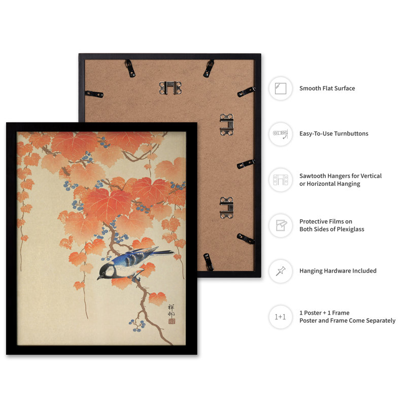 Ohara Koson - Petit oiseau bleu dans les branches d'automne, H 08 po x l 10 po, Affiche, Cadre noir