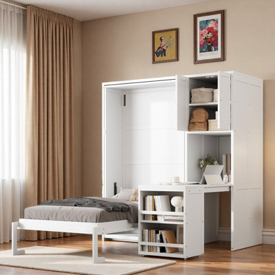 Murphy Bed With Top Cabinet, Extendable Desk And Open Bookshelves