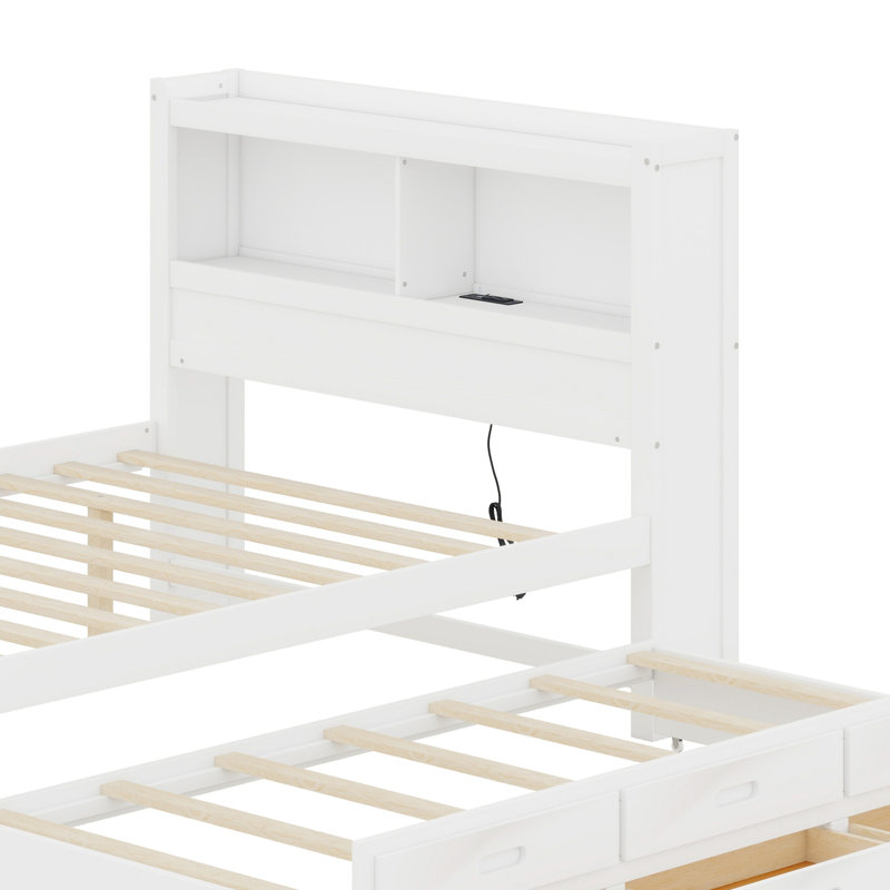 Lit plateforme avec lit gigogne, tiroirs et prises USB, Blanc