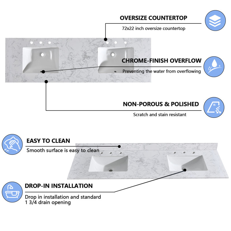 72 Inch Bathroom Vanity Top With Undermounted Rectangular Ceramic Sink & Backsplash