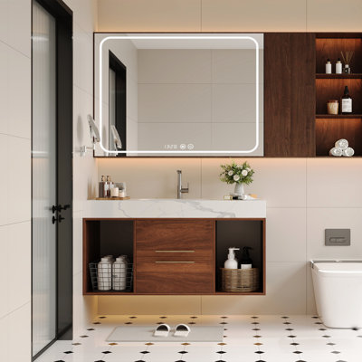 Meuble-lavabo mural flottant de 39,4 po avec lavabo en céramique, 2 tablettes ouvertes, pierre frittée blanche, conception moderne pour une utilisation de l'espace