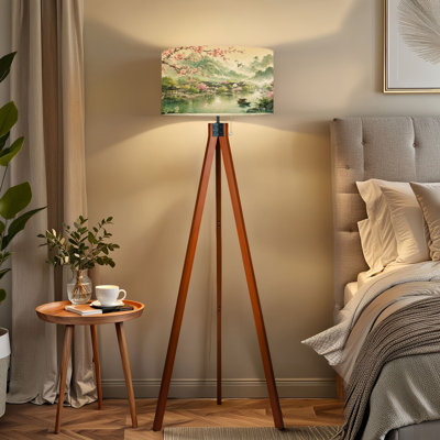  Tripod Standing Lamp Chinese Ink Wash Landscape Cherry Blossoms Mountain Village River Remote Controlled Dimmable LED Floor Lamp with Beech Wood Legs & Detachable Linen Shade for Farmhouse Apartment Living Room and Bedroom