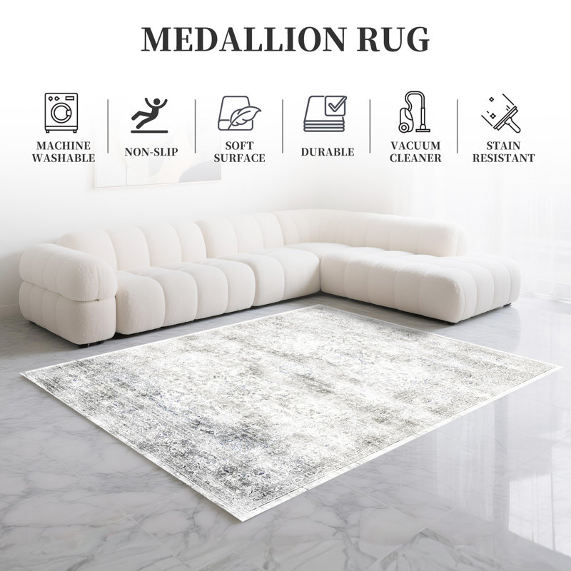 Tapis gris Bimlesh Vintage - tapis lavable, pliable et antidérapant pour le salon, Rectangulaire 8 pi x 10 pi