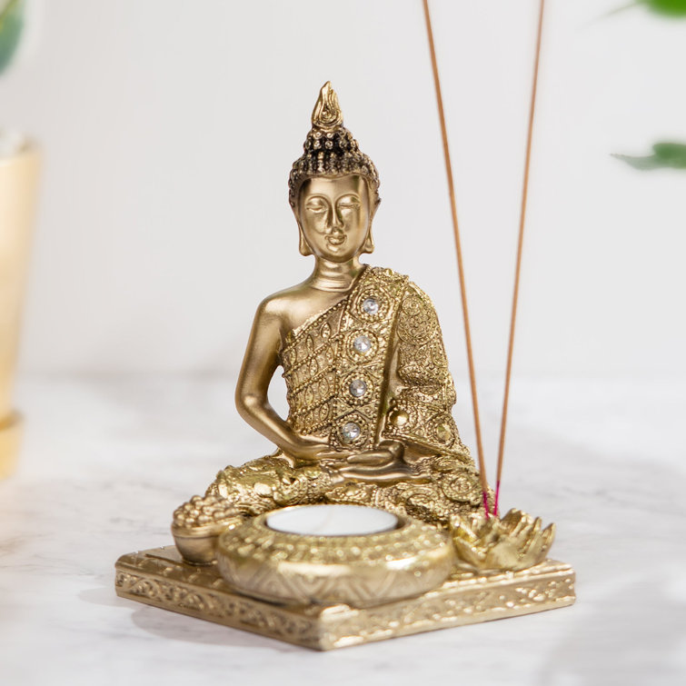 Bungalow Rose Golden Buddha Statue & Tealight Candle Holder - Zen Yoga Decor,  Spiritual Meditation Gift, Large Incense Burner Kit With Stick Holder