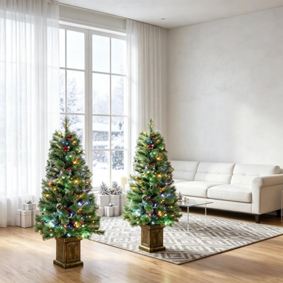Ensemble de 2 sapins de Noël artificiels en pot verts de 4 pi avec 100 lumières DEL bicolores, télécommande, baies et pommes de pin