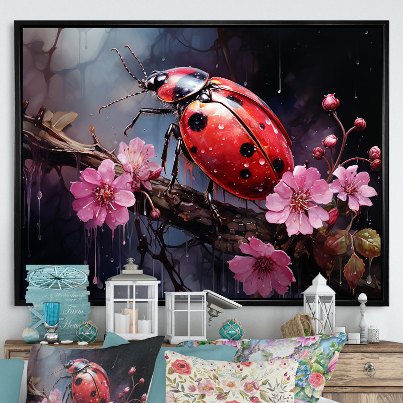 " Botanical Landybug Harmony IV ", 12" H x 20" W x 1" D, Black Floater Framed