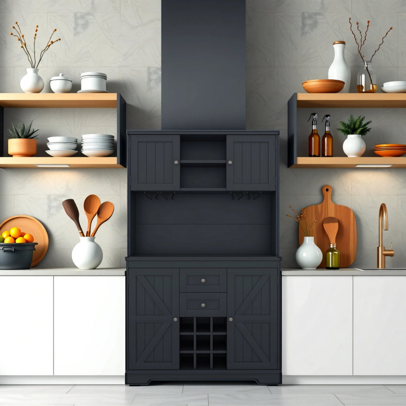 Armoire à café avec tablettes de rangement et armoires avec tiroirs, Noir