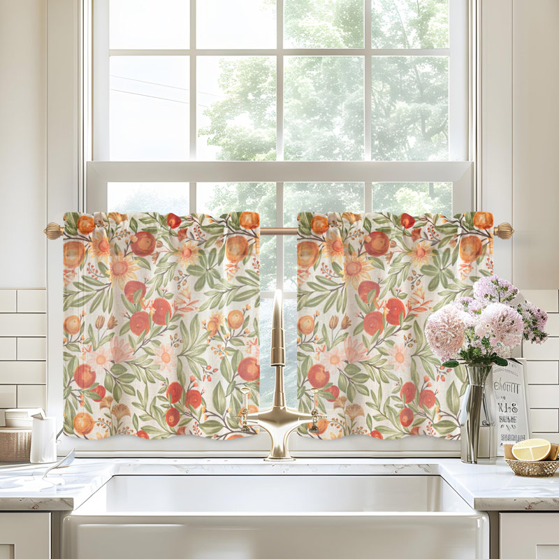 Kitchen Curtains Orange Harvest Floral Linen Short Curtains Cafe for Living Room Bathroom Autumn Fall Printed Patterned Vintage Rod Pocket 2 Panels Orange Coral Gold