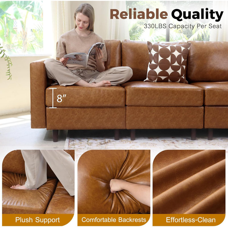 6-Piece 91.5'' Reversible Modern L-Shape Sectional Sofa With Storage Seat- Faux Leather Brown, Brown Faux Leather