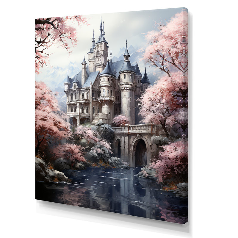 Château de conte de fées rose et gris - Art mural fantastique, Toile tendue, H 20 po x l 12 po