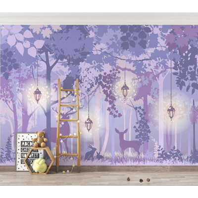 Papier peint forêt enchantée mauve - pépinière de cerfs magiques