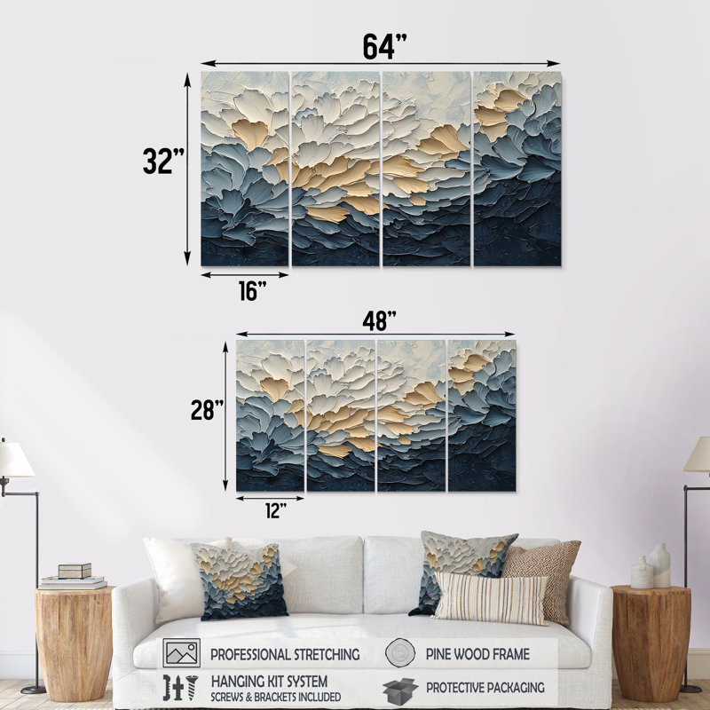Illusion de pétales de fleurs délicats jaunes et bleus II - fleurs, art mural moderne, 4 pièces, H 28 po x l 48 po