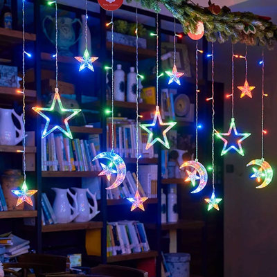 Guirlande de Noël avec guirlandes de rideaux à DEL - 16 pi 12 gouttes et 120 lumières DEL suspendues en forme d'étoile de lune pour les décorations intérieures et extérieures