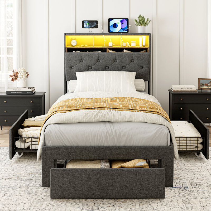Twin Xl Bed Frames With 3 Storage Drawers, Hidden Storage Headboard With Led Lights & Charging Station, Upholstered Twin Xl Platform Bed, Solid Wood Slats, No Box Spring Needed, Noise Free, Dark Grey