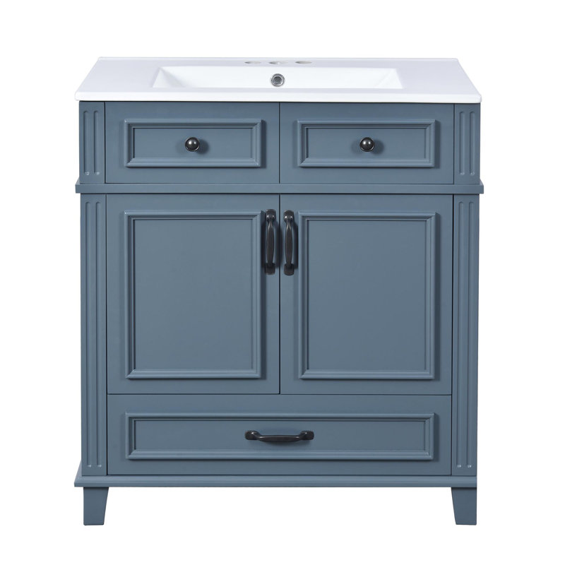 Freestanding Bathroom Vanity with Ceramic Sink, Bleu / Noir, 30"