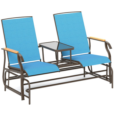 2 Person Outdoor Glider Bench, Patio Swing Glider Chair Loveseat with Breathable Mesh, Table, Steel Frame for Garden, Backyard, Porch by Lark Manor