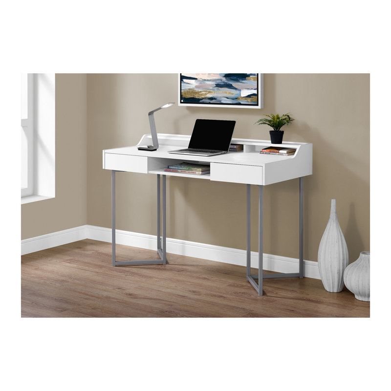 Bureau d'ordinateur, bureau personnel, ordinateur portable, tiroirs de rangement, L 48 po, travail, stratifié blanc, métal gris, contemporain, moderne
