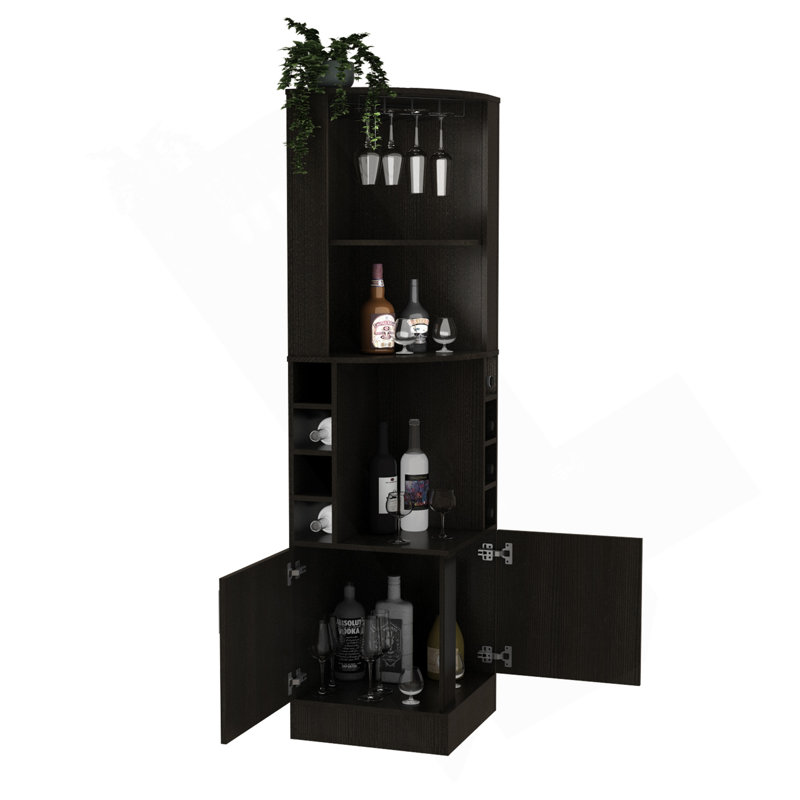 Armoire de coin Syrah, huit casiers à bouteilles, double porte, deux tablettes ouvertes - noir, Noir