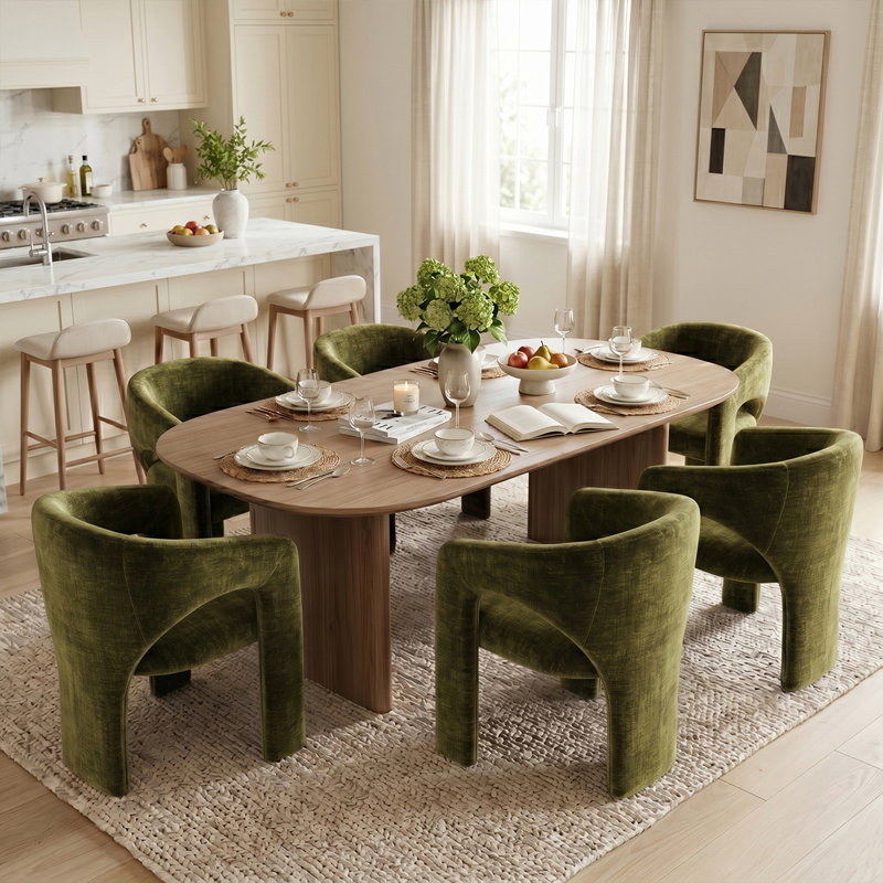 Ensemble de 6 chaises de salle à manger modernes rembourrées avec dossier incurvé et tissu chenille texturé, Green