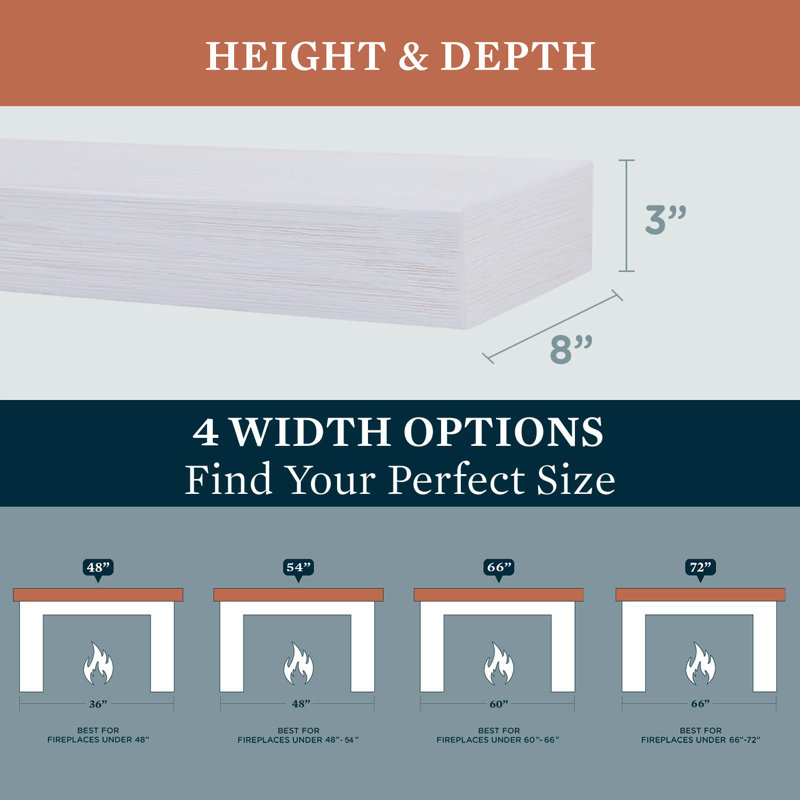 Modern Ember Vara Wood Mantel Shelf - 3 Inch Height - Variations in Grain and Natural Distressing, 48", White Paint