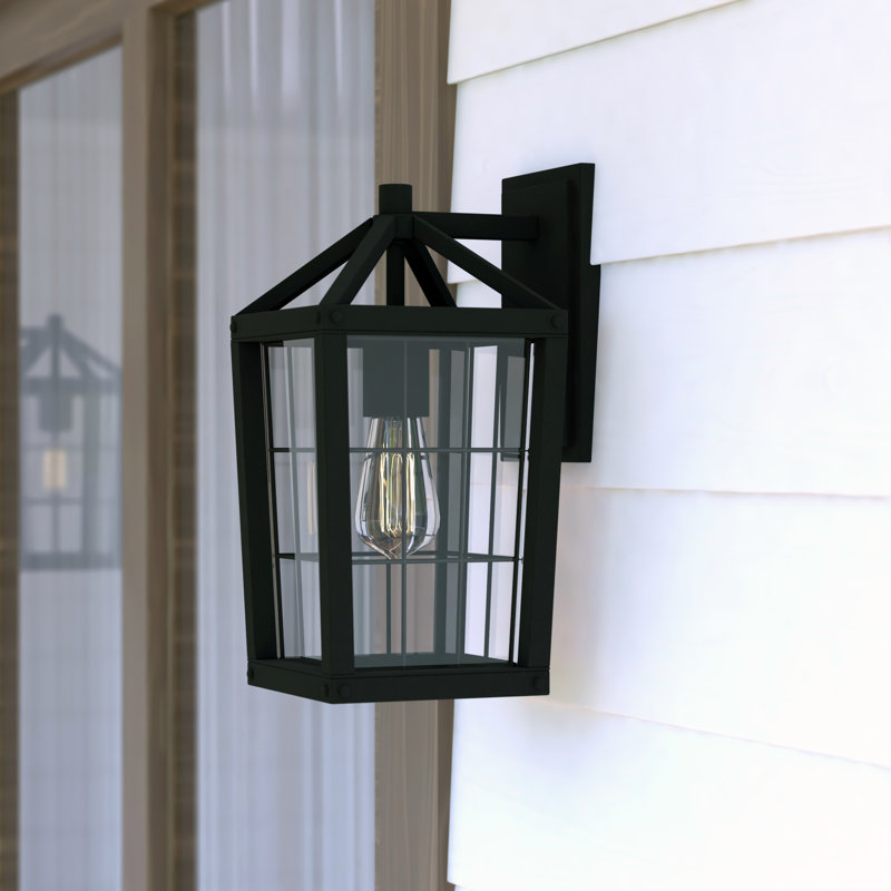 Applique murale d'extérieur 15 po H 1 lumière volcanique noire à capteur de crépuscule à l'aube, aluminium résistant à la rouille, abat-jour en verre transparent, compatible avec les DEL pour porte de patio ou de garage