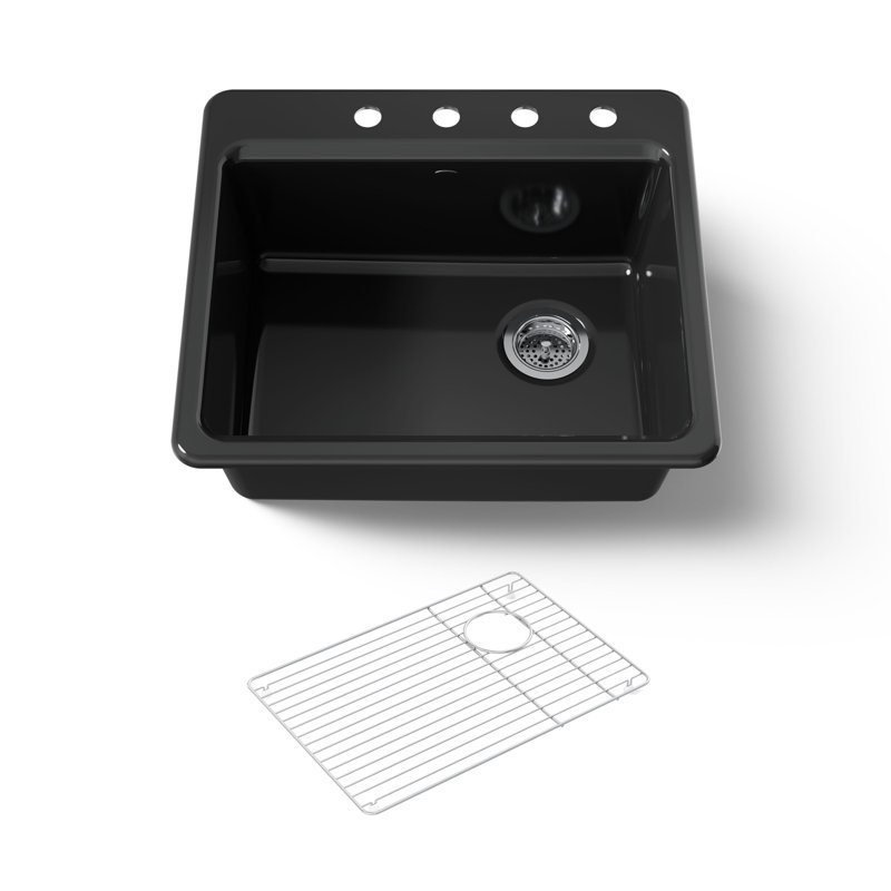 Riverby® 25" L x 22" W x 9-5 8" Bar Kitchen Sink with Basin Rack, 1 hole, Cane Sugar
