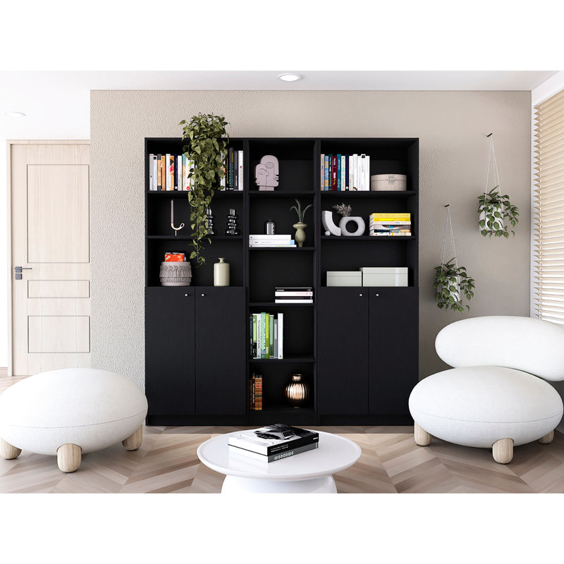 3 bibliothèques de salon en noir gracieux. Rangement élégant avec plus de 8 tablettes. Alignement horizontal des tablettes. Fermé à l'arrière. Bois fabriqué. Pour espace primaire Pièce noire - Pratique