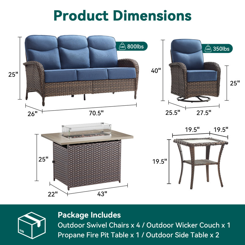 8 Piece Wicker Patio Furniture Set With 6" Thick Cushion - Outdoor Swivel Rocker Chairs Set With 3 Seat Sofa And Fire Pit Table, Patio Conversation Sets Proch Furniture For Balcony Deck