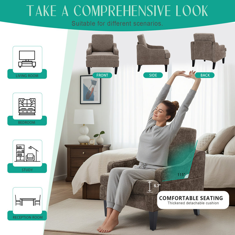 Modern Accent Chair For Bedroom Upholstered Reading Chair With Side Pockets Comfy Living Room Chairs Living Room Armchair For Office, Apartment ( Chenille)