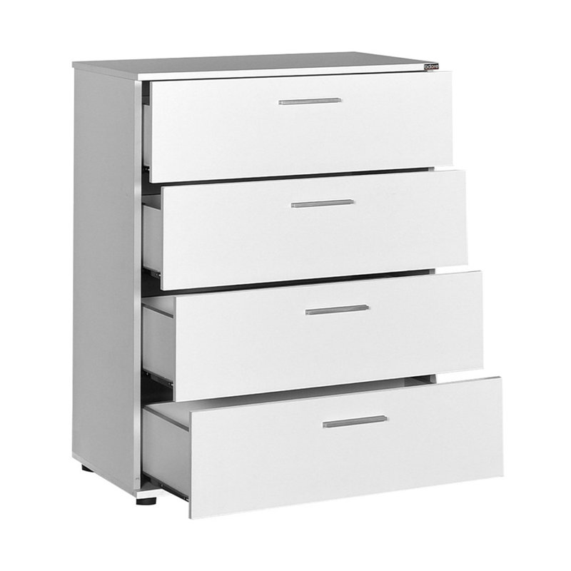 Commode blanche moderne avec 4 tiroirs 28,7 po x 37,8 po x 17,3 po | 100% panneau de particules enduit de mélamine, épaisseur: 0,6 pouce | Solution murale et élégante pour la chambre à coucher et le salon, solution de rangement élégante et fonctionnelle