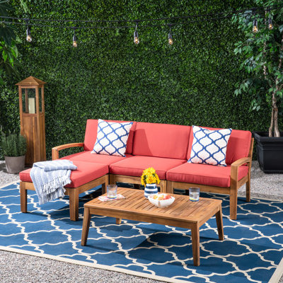 Table d'extérieur contemporaine rouge avec table basse - Bois, eau - Tissu chic en coussins
