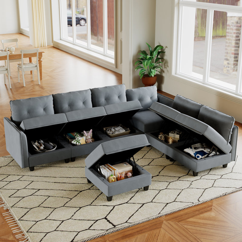 Breseis Upholstered L-Shaped Sectional Reversible, Gray Polyester Blend