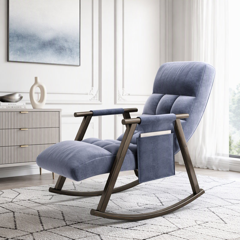 Chaise longue berçante pliante avec dossier réglable, repose-pieds et poches latérales, Bleu