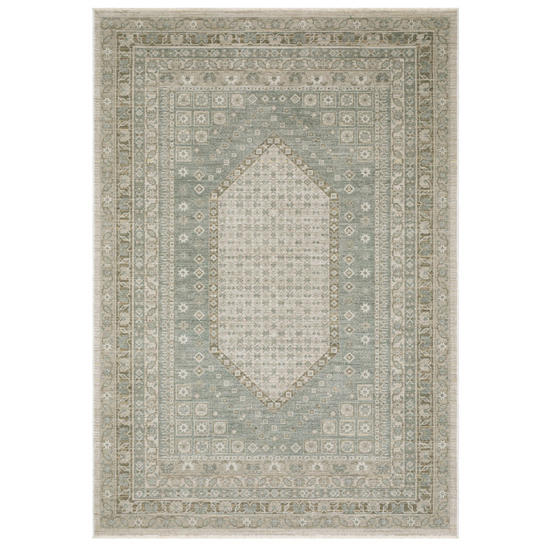 Tapis beige / vert à motif de médaillon central Kula, Rectangle 5 pi 3 po x 7 pi 9 po