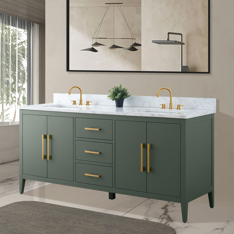 Meuble-lavabo double 72 po avec plateau en marbre, Vert rétro, Or brossé
