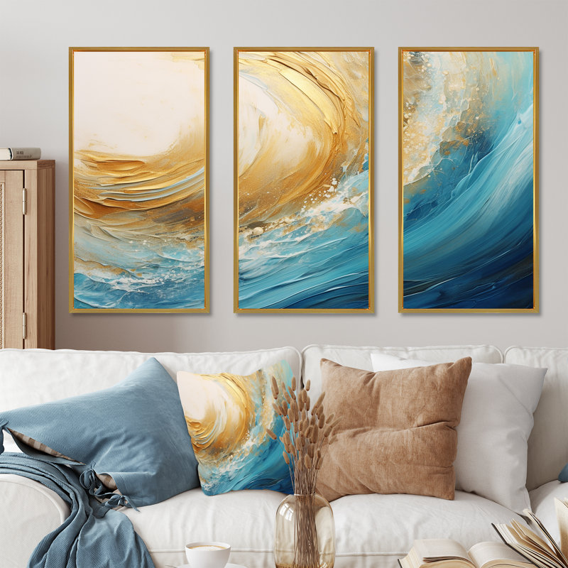 Golden Sapphire Surge V - Abstract Art, Cadre flottant doré, H 32 po x l 48 po x P 1 po