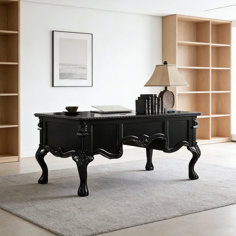 Bureau noir rétro de style français sculpté, H 30,7 po x l 70,9 po x P 29,5 po