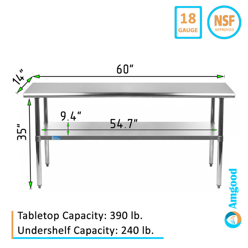 Table de préparation en acier inoxydable. Table de travail en métal de calibre 18 avec tablette inférieure. NSF