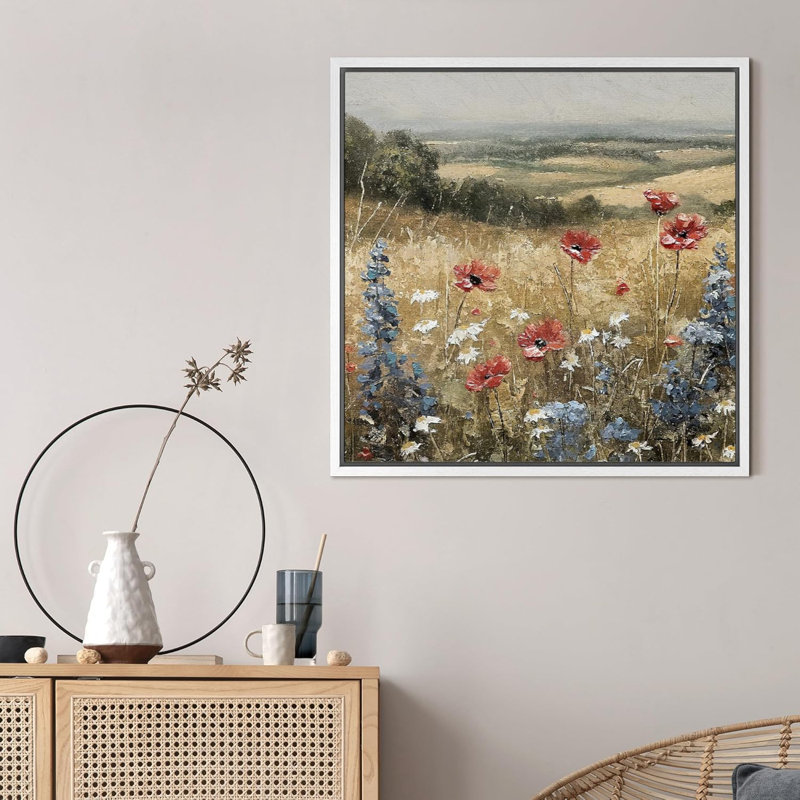 Rustic Countryside Relax Calm Landscape Nature Wildflowers Pictures Large Framed Canvas Wall Art, 16" H x 16" W