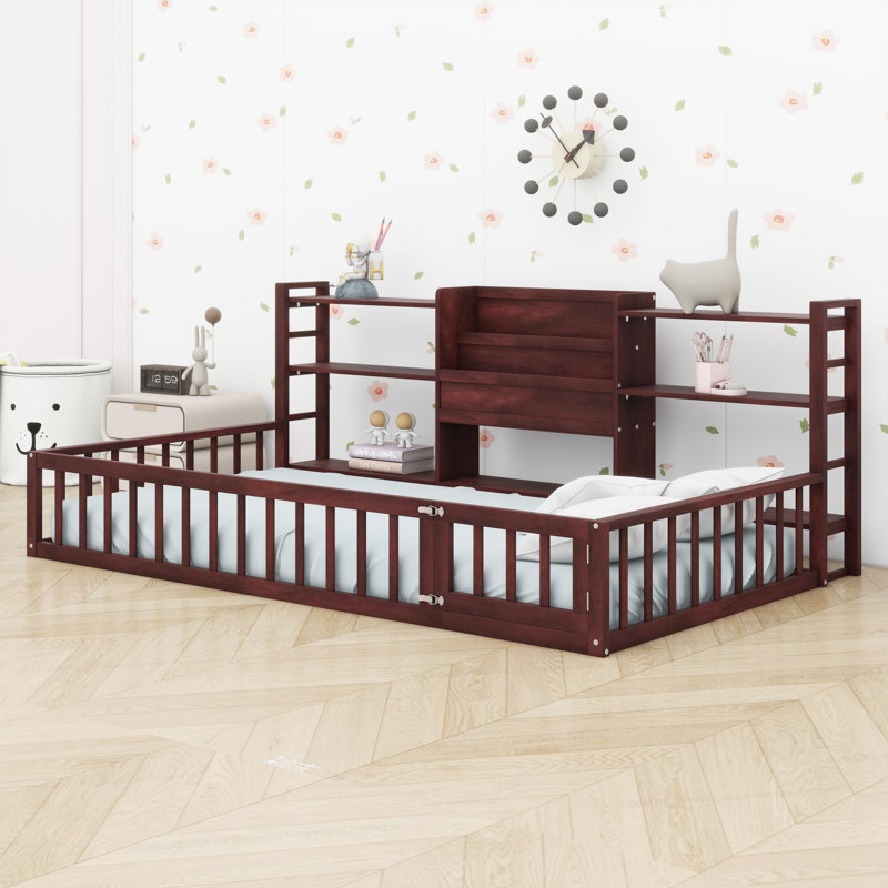 Base de lit pour enfants, tablettes de rangement intégrées, Queen, Espresso