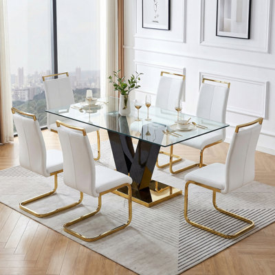 7 Piece Rectangular Contemporary Tempered Glass Dining Set with Pedestal Base and Vegan Leather Cantilever Chairs