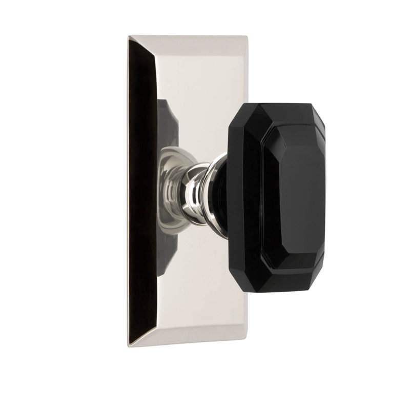Grandeur Fifth Avenue Short Plate Single Dummy with Baguette Black Crystal Door Knob, Polished Nickel