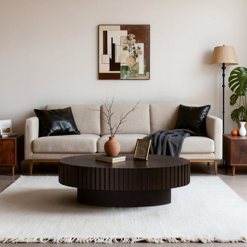 43.5'' Modern Oval Wooden Olive-shaped Coffee Table With Solid Wood Fluted Design For Living Room, Walnut/Black