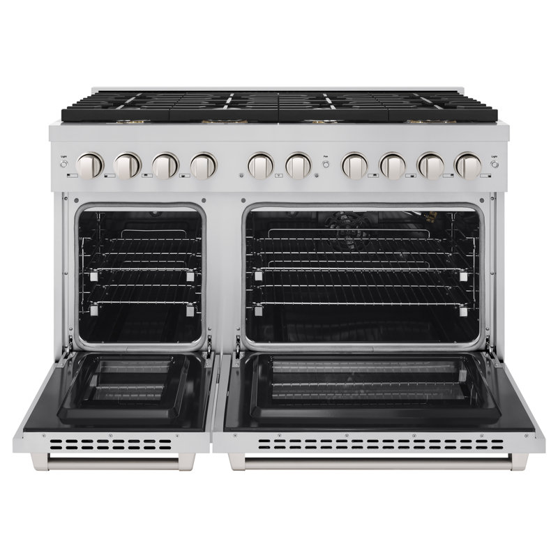 Zline 48 In. 6.7 Cu. Ft. Double Oven Gas Range In Stainless Steel With 8 Brass Burners, Gas Oven, Satin Stainless Steel/White