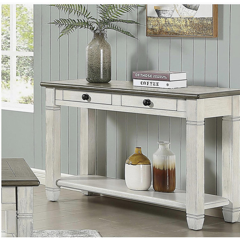 Table de bout avec 2 tiroirs, traitement de surface brun rose et blanc rétro, mobilier de salon en bois